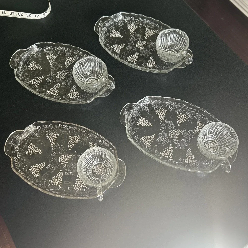 4 Pressed Glass Snack Trays Grape Pattern with Handles with 4 mixed cups